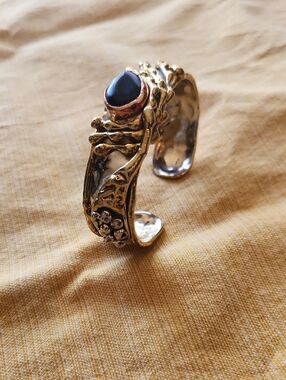 Gold-Tone Mixed Metals  Cuff Bracelet with Black Stone Vintage Abstract Copper